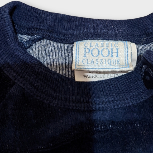 12 Months Vintage Classic Pooh Navy Blue Velour Zip Up Footed Onesie Sleeper - Picture 4 of 5